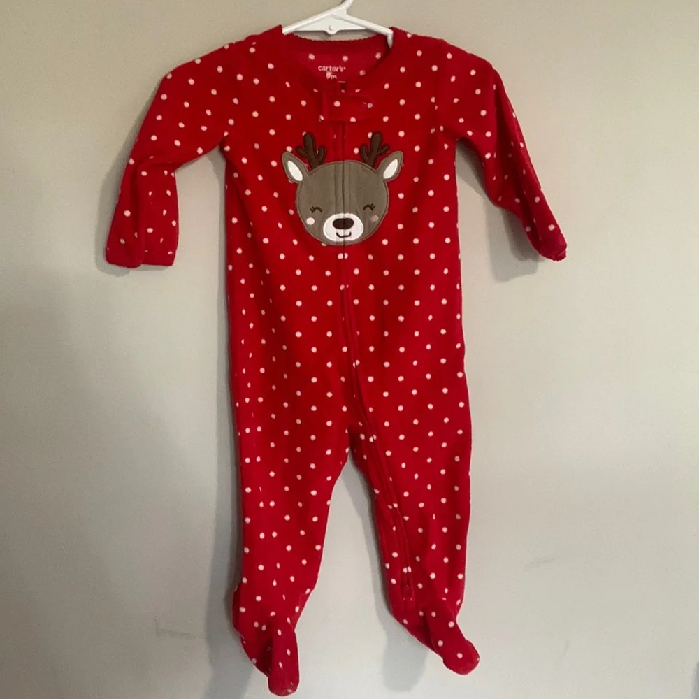 Carter’s 2-way Zip Footed Christmas Pajamas Red & White Reindeer Baby Sz 9 Month